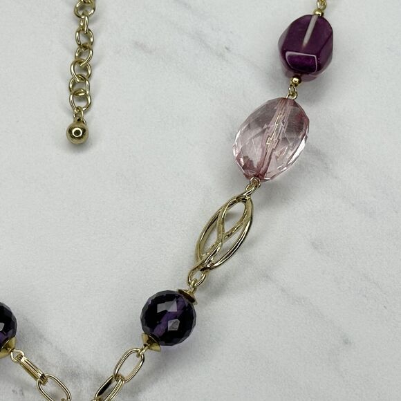 Chico's Gold Tone Purple Beaded Y-Drop Linear Pendant Necklace ✨ - Picture 5 of 10